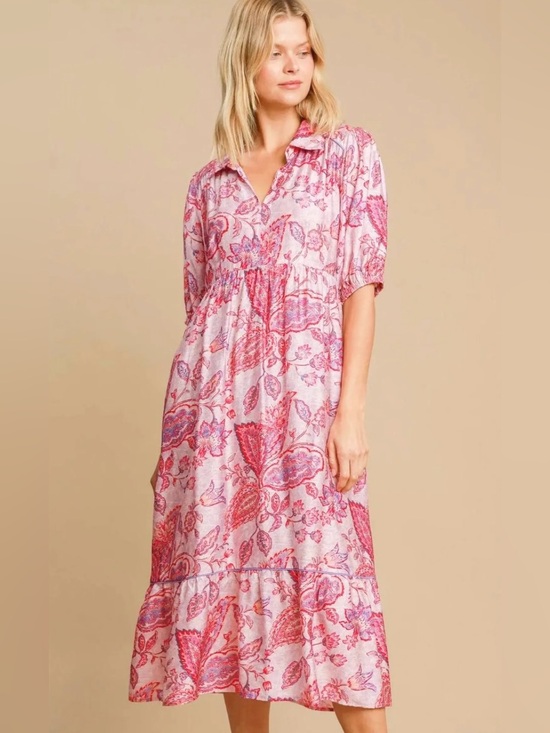 Umgee Dresses & Skirts - Umgee Pink Floral Midi Dress - Lightweight Paisley Print S